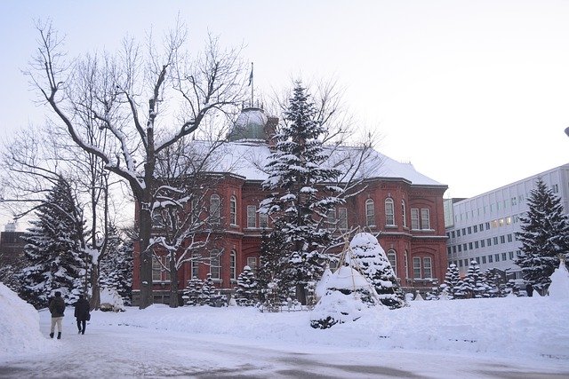 雪とレンガの建物